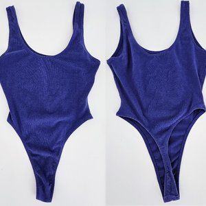 Vintage 80s Thong Leotard Blue Cotton Spandex Stretch Aerobics Gear Sz Small